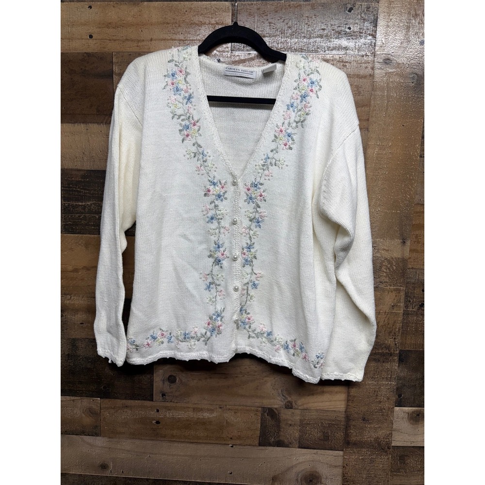Carolyn Taylor Vintage Cream Floral Embroidered Pearl Button Cardigan Sweater L